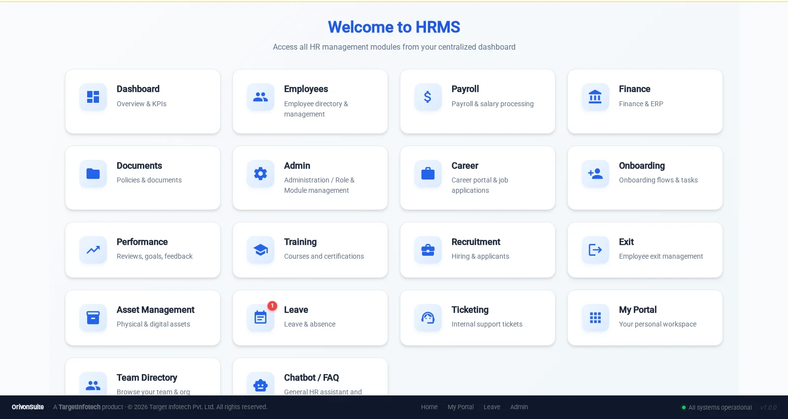 OrivonSuite HRMS dashboard — real product screenshot